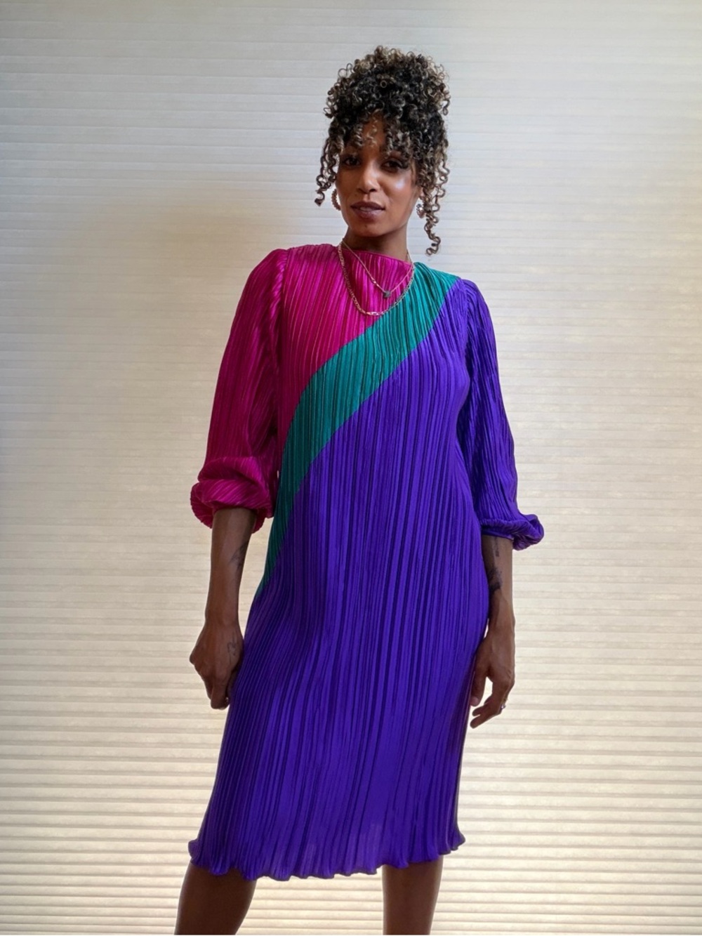 Vintage 80s Lisa Michaels Pleated Colorblock Dress - Picture 3 of 11